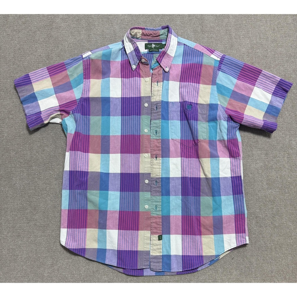 Hunt Club Shirt Mens Large Purple Blue Madras Plaid Button Down Short Sleeve